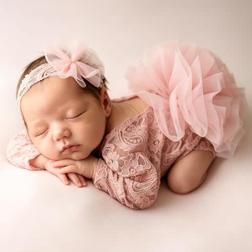 Newborn Photography Outfits Girl, Baby Girl Photoshoot Props, Lace Romper with Headband for 0-1 Months Newborn