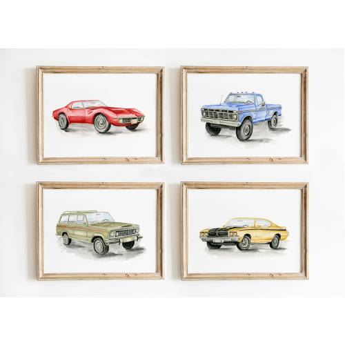 Classic Car Prints, Retro Car Art, 1970's Car Wall Decor, Car Nursery Theme, Antique Car Wall Art, Watercolor Vehicles, Watercolor Cars
