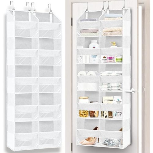 Over The Door Organizer, 5-Tier Extra Large Behind Door Storage with 10 Big Front & 10 Mesh Pockets, 80lb Capacity, Hanging Storage Organizer with Clear Window Kids Toys, Shoes, Diapers, Light Grey