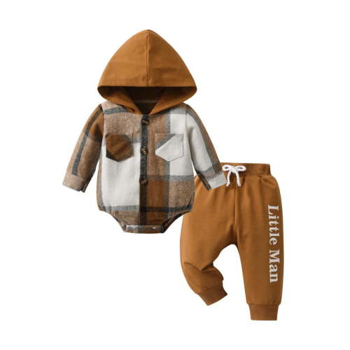 Newborn Infant Baby Boy Clothes Long Sleeve Plaid Romper Hooded Letter Pants Outfits Set Brown 0-3 Months