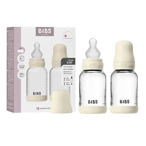 BIBS Glass Baby Bottle 4oz Silicone 2-Pack Ivory