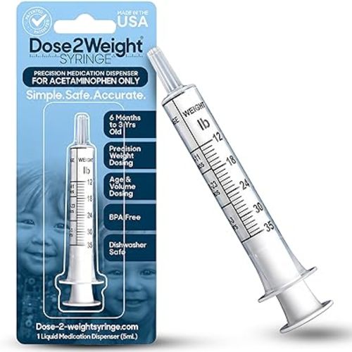 DOSE-2-WEIGHT 5mL Oral Syringe, Precision Dosing Dispenser for Infants Acetaminophen (160mg/mL), for Children Under 3 Yrs Old, Patented, Made in America