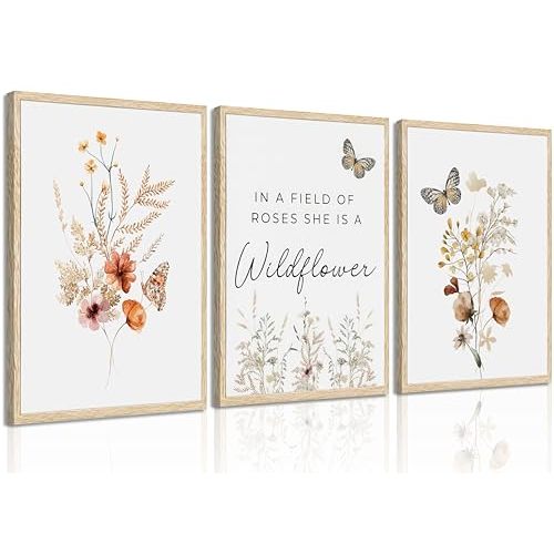 3 Pcs Watercolor Flowers Wall Art In A Field Of Roses She Is A Wildflower Painting Picture Wall Decor Boho Butterfly Wildflowers Poster Print Artwork for Nursery living room Bedroom Home Decoration