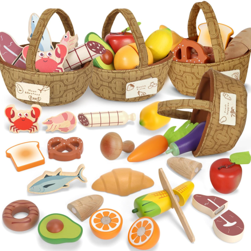 Lehoo Castle Wooden Pretend Play Food Set, Cutting Toys for Toddlers 3-8, 4-Set Kitchen Food Toys