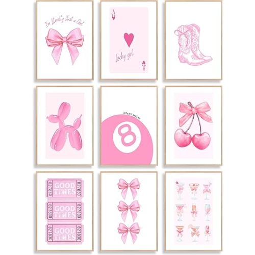 Uniro Coquette Room Decor Aesthetic, Pink Bows Wall Art Posters for Girls Dorm Bedroom Decor, Cute Coquette Posters, Coquette Wall Decor, Trendy Preppy Room Decor Aesthetic, Girly Wall Art Prints 8 Ball Cherry Bow Room Decor for Apartment College Nursery