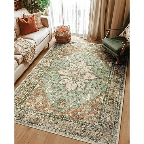 Area Rugs 5'x8' Washable Non-Slip, Floral Vintage Distress Print Pattern Medallion Carpet for Living Room Bedroom Dining Room, Brick Red Rust Neutral Brown Burnt Orange Green