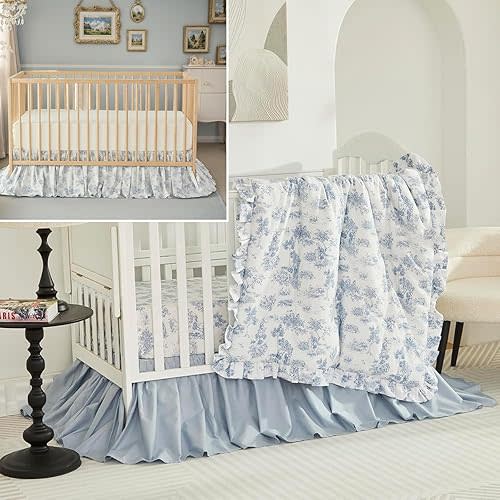 Brandream 4-Piece Crib Bed Skirt & Crib Bedding Set 100% Cotton French Country Toile Boho Bohemian Neutral Blue Farmhouse Chic Ruffles Skirt