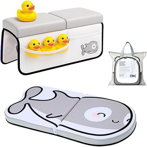 Small Steps Bath Kneeler and Elbow Rest Pad Set – Ergonomic Baby Bath Kneeling Pad with Memory Foam and Non-Slip Design – Orca-Themed Comfort with Handy Pockets for Bathing Babies and Kids