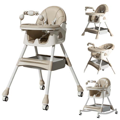 5-in-1 Convertible High ChairBaby swing & Baby Feeding Chairs & Baby scooter with Portable Dining Chairs and Toy Rack for 0-36 Months,KHAKI