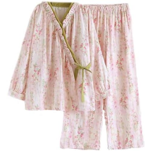 Womens Floral Cotton Pajama Set – Soft Sleepwear with Kimono Wrap Top & Elastic Waist Pants