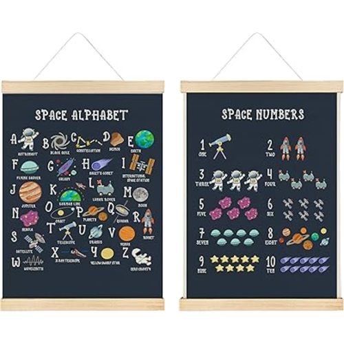 Nrleey Space Alphabet Numbers Wall Decor with Wooden Poster Hanger - Space Decor for Boys Room, ABC Alphabet Numbers Learning Wall Art Posters for Boys Bedroom Playroom, 12x16 Inch Set of 2