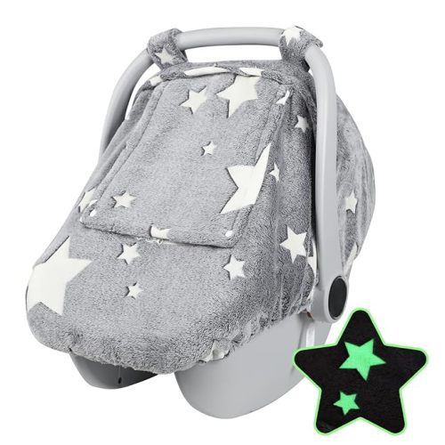 Car Seat Cover Baby Boys Girls, Soft Flannel Infant Carseat Cover with 2 Zipper Windows, Star Carrier Cover Canopy Glow in The Dark, Comfortable & Machine Washable, Gray