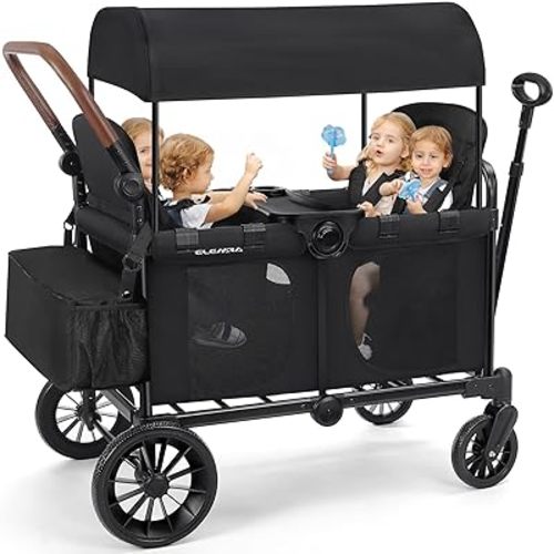ELEMARA Wagon Stroller 4 Seater, Premium Stroller Wagon for 4 Kids, Foldable All-Terrain Wagon for Kids with Canopy, Adjustable Push/Pull Handles,Convertible High Seat&Organizer, Black