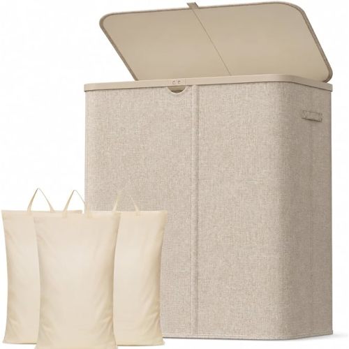 Lifewit 185L 3 Section Laundry Hamper with Lid, Laundry Basket, Beige | Large Foldable Laundry Sorter with 3 Removable Bags, Tall Clothes Hamper for Bedroom and Bathroom