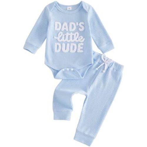 KMBANGI Waffle Knit Baby Boy Clothes Letters Embroidered Romper Pants Set