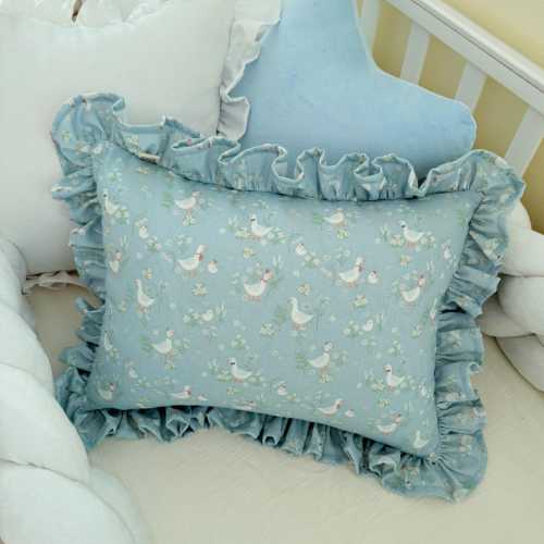 Handmade Blue Duck Print Ruffled Pillow – Farmhouse & Cottagecore Decorative Cushion for Sofa, Nursery, Spring Home Décor