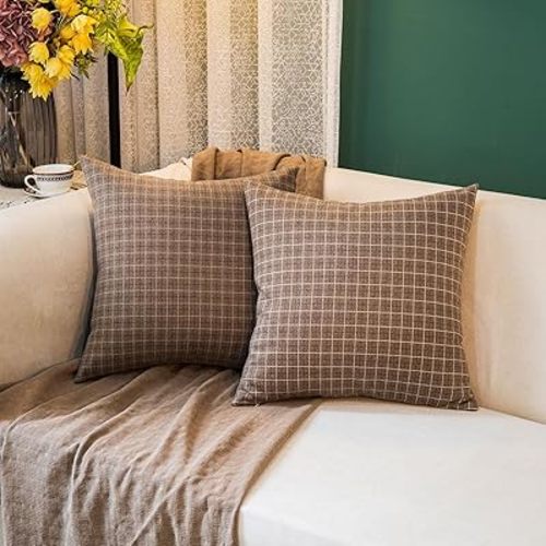 Tweed Throw Pillow Covers Woolen-Style Fabric Square Pillow Cases for Farmhouse Cushion Case and Home Sofa Couch Decor Pack of 2,18x18 Inch Senior Brown Plaid