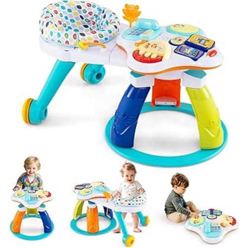 BABY JOY 3 in 1 Walk Around Baby Activity Center, Discovery Play Center with Interactive Toys & Wheels, 3 Adjustable Seat Heights, Toddler Activity Table for Boys Girls 6-36 Months (White)