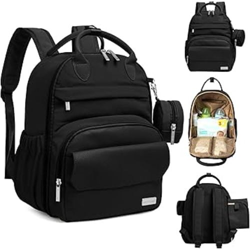 Diaper Bag Backpack - Multifunctional Travel Diaper Back Packs,Maternity Baby Changing Bags, Compact 12L Capacity, PU Leather, Waterproof, Unisex, Stylish Nappy Bag, Diaper Changing Pad (Trendy Black)