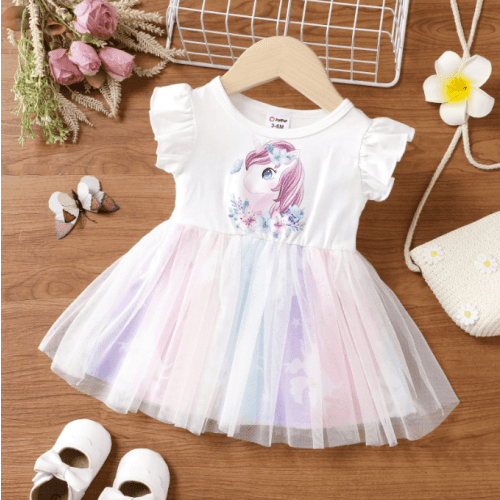 PatPat Baby Girls Dress Unicorn Rainbow Lace Princess Tutu Dresses Infant Birthday Dress,3-24M