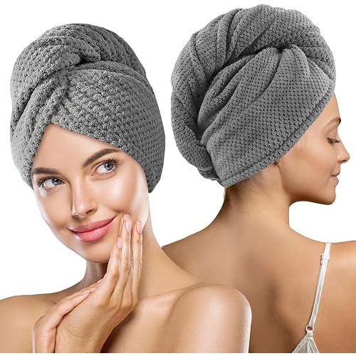 2 Pack Hair Drying Towels, Hair Towel Wrap, Absorbent Microfiber Hair Towel Turban with Button Design to Dry Hair More Quicker, Grey