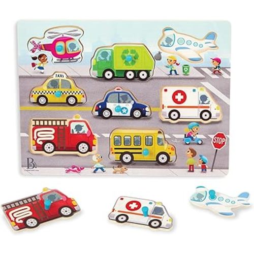 B. toys – Peek & Explore – Vehicles – Wooden Peg Puzzle for Toddlers, Kids – 8 Pieces – Fire Truck, Airplane, Taxi & More – 2+ Years