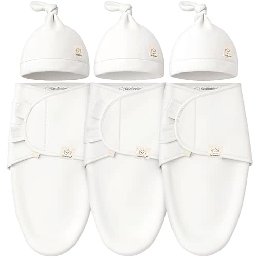 KeaBabies 3-Pack Swaddles for Newborns, Girls, Boys with Hats - Organic Soft Baby Sleep Sacks, Breathable Baby Swaddle 3-6 Months Beanies Set, Premie Infant Sleep Sack 0-3 Months (Soft White)