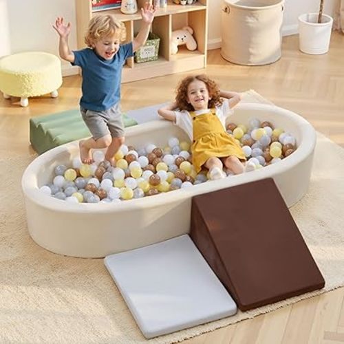 BanaSuper Extra Large Foam Ball Pit & Climbing Toys for Toddlers, 6-Piece Indoor Soft Play Gym Blocks for Crawling & Active Play, Kids Ball Pool Holds 1000 Balls (Grey & Green, Balls Not Included)
