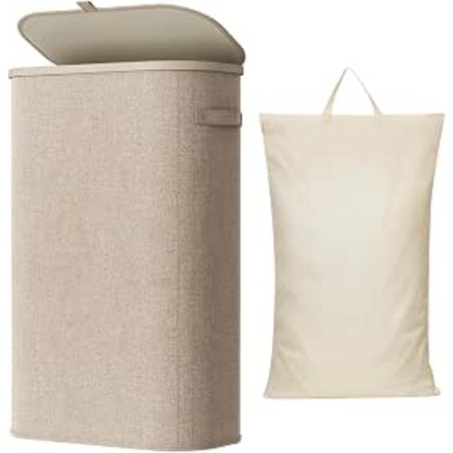 Lifewit Slim Laundry Basket with Lid, Narrow Laundry Hamper with Plastic Handles and Removable Bag, Tall Foldable Dirty Clothes Hampers for Laundry Room, Bedroom, Bathroom, Dorm, 65L Beige