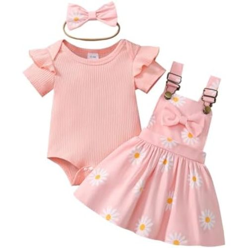Newborn Baby Girl Summer Overall Dress Infantl Short Sleeves Ribbed Romper Bow Skirt Set 3Pcs Outfits