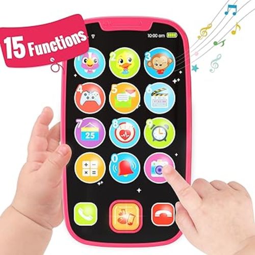 BABYFUNY Toys for 1 Year Old Girl Gifts, 15 Functions Phone Toddler Girl, Learning Baby Toys 12-18 Months, Kids Cell Phone Easter Basket Stuffers - Pink