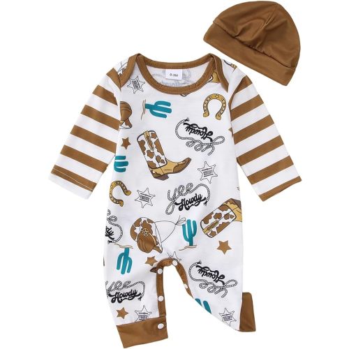 BOUTIKOME Infant Baby Boy Outfit Retro Cowboy Partner Howdy Graphic Rompers Newborn Onesie Jumpsuit Hat 2Pcs Set