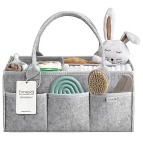 PUTSKA Baby Diaper Caddy Organizer - Nursery Storage Basket for Diaper Station, Baby Basket Shower Gift List and Registry Must-Have, Newborn Essentials, Nursery Decor for Boy or Girl - Grey, Large
