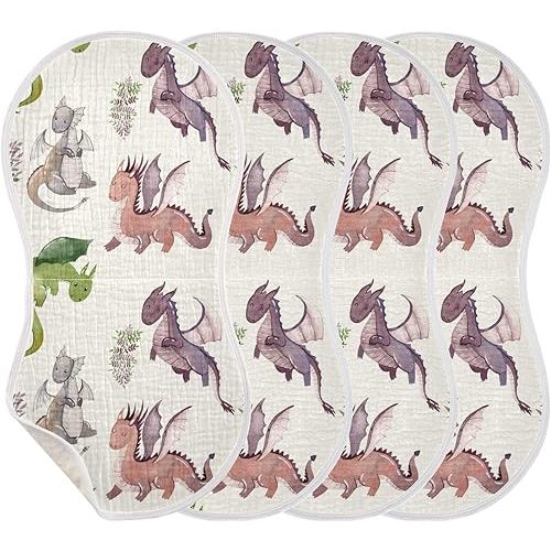 GOODOLD Cute Dragons Pattern Muslin Baby Burp Cloths - Super Absorbent and Soft Burping Rags - Cotton Burp Clothes Set for Boys and Girls, 4 Pack