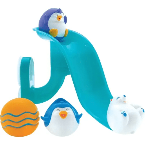 Nuby Penguin Slide Bath Toy Play Set with 4 Bath Squirters - Baby Bath Toys for Boys and Girls 12+ Months - Suction Cup Toy Attaches to Shower Wall
