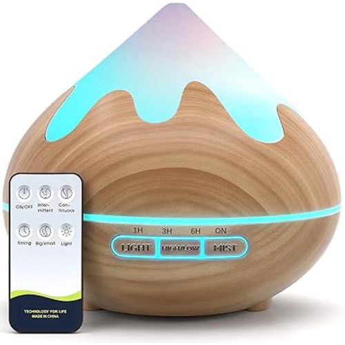 Essential Oil Diffuser for Home 500ML, Ultrasonic Large Diffuser Oil Machine with Remote Control, Aromatherapy Diffusers for Home Office Room, Aroma Diffuser with 14 Color LED & 2 Mist Mode, Brown