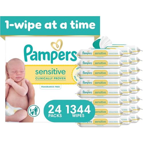 Pampers Sensitive Baby Wipes, Clinically Proven, Fragrance Free, Unscented, Water Based, Hypoallergenic, Multi-Use, Hand Wipes 1344 Wipes Total (24X Flip-Top Packs) [Packaging May Vary]