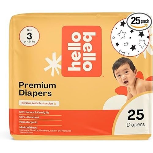 Hello Bello Diapers, Size 3 (14-24 lbs) Superstars, 25 Count of Premium Disposable Baby Diapers, Hypoallergenic with Soft, Cloth-Like Feel