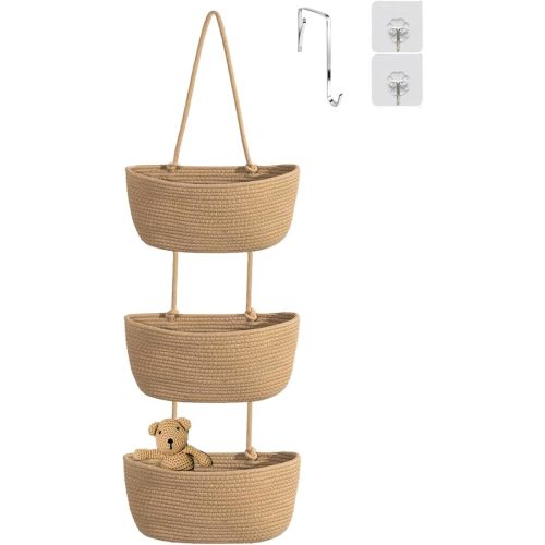 YYaaloa Woven Cotton Hanging Baskets for Organizing Decor 3-Tier Over the Door Wall-Mounted Storage Bag Nursery Baskets for Organizing Living Room, Bathroom and Bedroom (Brown)