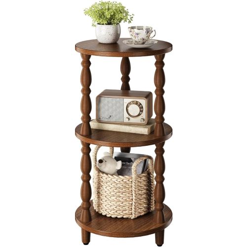 Yoobure Small Round Side Table - 3-Tier End Table with Storage Shelf, Narrow Bedside Table Nightstand for Bedroom, Accent End Tables Living Room, Wood Side Tables for Small Spaces, Office, Walnut