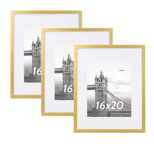 FungYuan 16x20 Wood Picture Frames,Gallery Wall Poster Frames Set of 3,16x20 Matted to 11x14 Wall Frames,Gold
