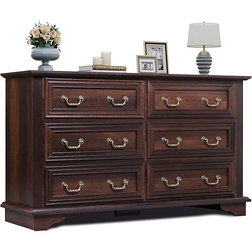 WLIVE Wood Dresser for Bedroom with 6 Drawer, 51.97'' Wide, Farmhouse Long Storage Dresser Organizer with Roman Metal Handle, TV Stand for 60 inch TV, Chest of Drawers for Living Room, Hallway, Brown