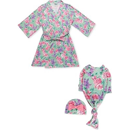 RuffleButts SoftSnooze Mommy & Me Matching Sleep Set, Women's Maternity Robe and Newborn Knotted Sleep Gown & Hat