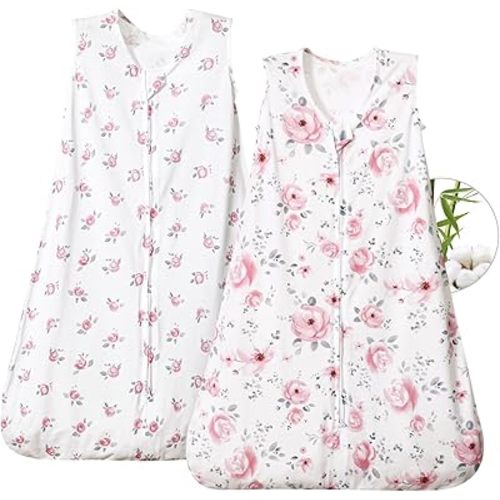 PHF 70% Rayon Derived from Bamboo and 30% Cotton Baby Sleep Sacks 0-6 Months, Baby Sleeping Bag with 2-Way Zipper, 2 Pack 0.5 TOG Soft and Breathable Wearable Blanket for Baby Girls Small Size, Floral
