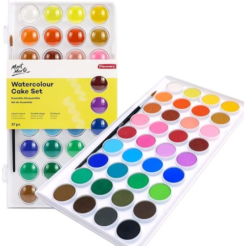 Mont Marte Watercolour Paint Set, 36 Vibrant Colours with 1 Paint Brush, Ideal for Watercolour Painting