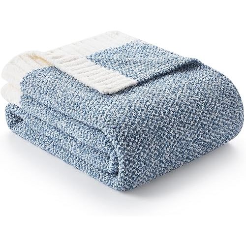 Snuggle Sac Blue Throw Blankets for Couch, Reversible Super Soft Warm Blankets Cozy Knit Blanket Fuzzy Plush Throws for Sofa, Bed, Gift, Heather Blue, 50 x 60 inches