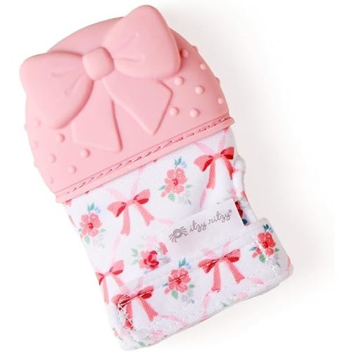 Itzy Ritzy Silicone Teething Mitt - Soothing Infant Teething Mitten with Adjustable Strap, Crinkle Sound & Textured Silicone to Soothe Sore & Swollen Gums - for Ages 3 Months & Up (Bow)