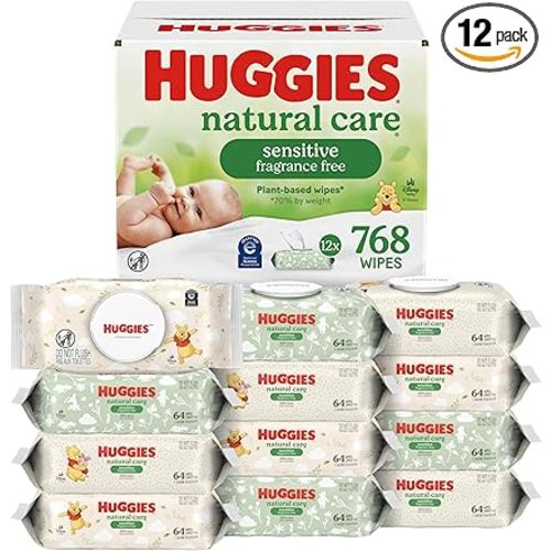 Huggies Natural Care Sensitive Baby Wipes, Unscented, Hypoallergenic, 99% Purified Water, 12 Flip-Top Packs (768 Wipes Total), Packaging May Vary