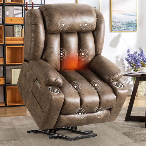 JULY'S SONG Overstuffed Leather Recliner Chair with Massage and Heat, Power Lift Chairs for Elderly with Cup Holders, Electric Oversized Recliners for Adults with Charge Ports, Brown