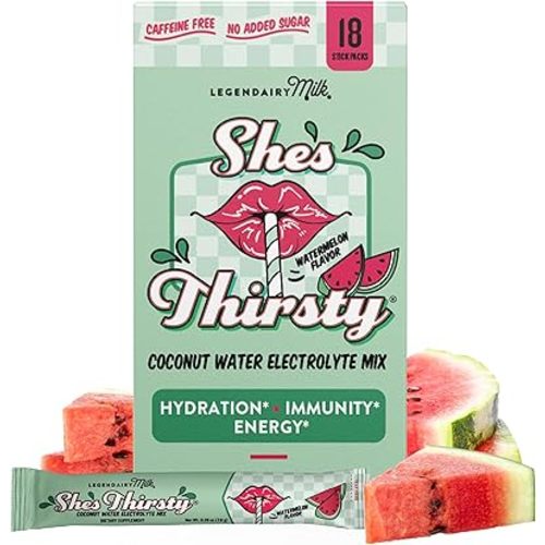 Legendairy Milk She's Thirsty Watermelon, No Sugar Added Electrolytes Powder Packets–Coconut Water Mix for Women, Instant Hydration Packets, Immune Support, Pregnancy Safe, 18 Ct